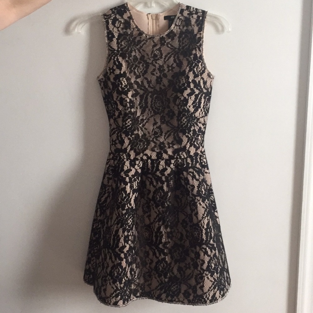Nude Dress with Black Lace Overlay